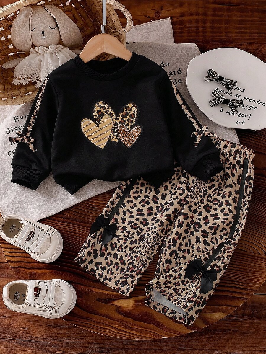 SHEIN Playful Pals Baby Girls Leopard Print Outfits Long Sleeve Heart Top And Bowknot Wide Leg Pants 2pcs Set For Casual Daily WearBirthday Party - Black - View 1