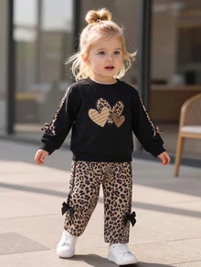 SHEIN Playful Pals Baby Girls Leopard Print Outfits Long Sleeve Heart Top And Bowknot Wide Leg Pants 2pcs Set For Casual Daily WearBirthday Party - Black - View 3