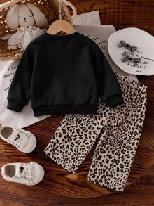 SHEIN Playful Pals Baby Girls Leopard Print Outfits Long Sleeve Heart Top And Bowknot Wide Leg Pants 2pcs Set For Casual Daily WearBirthday Party - Black - View 2