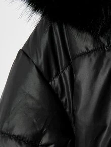 女童冬季休閒拼接人造毛連帽鋪棉外套附腰帶，女童秋冬嬰兒白色保暖連帽外套 - 黑色 - 查看 7