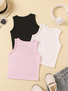 SHEIN Playful Pals Summer,Holiday,Traveler3pcs Young Girls' Simple Fashionable All-Match Tank Tops, Summer, School Campus, College Black White Baby Pink - Multicolor - View 2