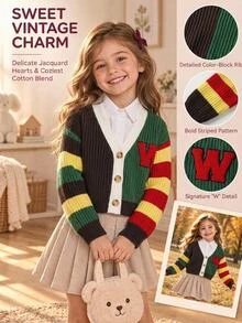SHEIN Young Girl Autumn/Winter Casual Colorblock Patchwork Cardigan - Multicolor - View 7