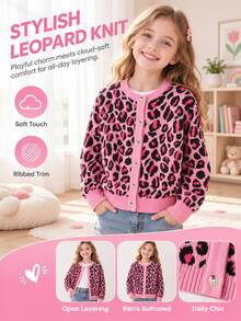 SHEIN Girls' Autumn/Winter Fashion Leopard Print Knit Sweater Long Sleeve Top - Pink - View 1