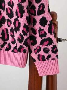 SHEIN Girls' Autumn/Winter Fashion Leopard Print Knit Sweater Long Sleeve Top - Pink - View 5