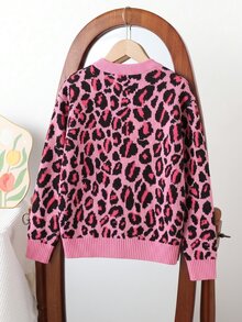SHEIN Girls' Autumn/Winter Fashion Leopard Print Knit Sweater Long Sleeve Top - Pink - View 2