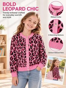 SHEIN Girls' Autumn/Winter Fashion Leopard Print Knit Sweater Long Sleeve Top - Pink - View 8
