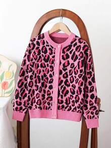 SHEIN Girls' Autumn/Winter Fashion Leopard Print Knit Sweater Long Sleeve Top - Pink - View 4