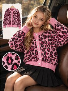 SHEIN Girls' Autumn/Winter Fashion Leopard Print Knit Sweater Long Sleeve Top - Pink - View 3