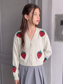 SHEIN 少女時尚休閒可愛甜美草莓提花開襟衫 紅白配色 秋季校園告別正式款 - 米色 - 查看 3