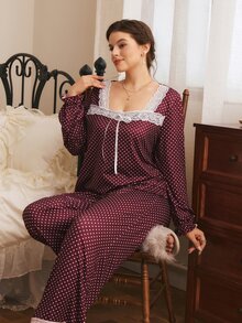 Côtesoire Plus Size French Romantic Polka Dot Print Contrast Color Lace Patchwork Long Sleeve Long Pants Pajama Set - Burgundy - View 1