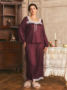 Côtesoire Plus Size French Romantic Polka Dot Print Contrast Color Lace Patchwork Long Sleeve Long Pants Pajama Set - Burgundy - View 5
