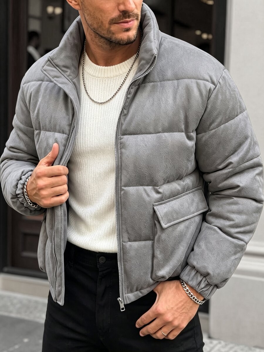 Manfinity Homme Men's Long-Sleeve Suede Fabric Cotton Winter Puffer Coat, Gift For Boyfriend, Street Style, For Autumn - Grey - View 1