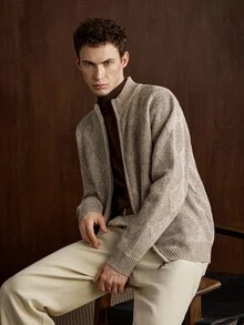 Manfinity CityGents Men's Patchwork Quilted Cardigan Old Money Formal Keep Warm - Beige - View 3