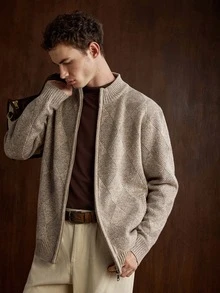 Manfinity CityGents Men's Patchwork Quilted Cardigan Old Money Formal Keep Warm - Beige - View 4