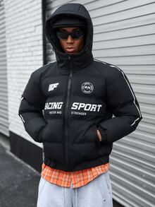 Major Grit Men's Motorcycle Letter Print Hooded Winter Jacket, Racing Sports Padded Coat, Autumn/Winter Style - Black - View 1
