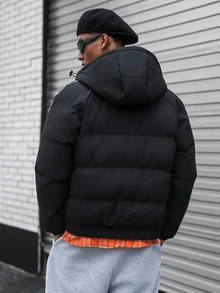 Major Grit Men's Motorcycle Letter Print Hooded Winter Jacket, Racing Sports Padded Coat, Autumn/Winter Style - Black - View 2