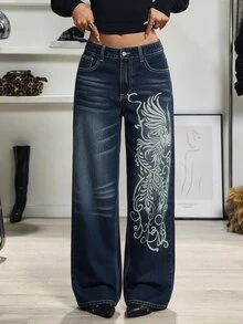 StreetHx Y2K Women's Mid-Waist Printed Cat Whisker Washed Straight Leg Jeans - Dark Wash - View 8