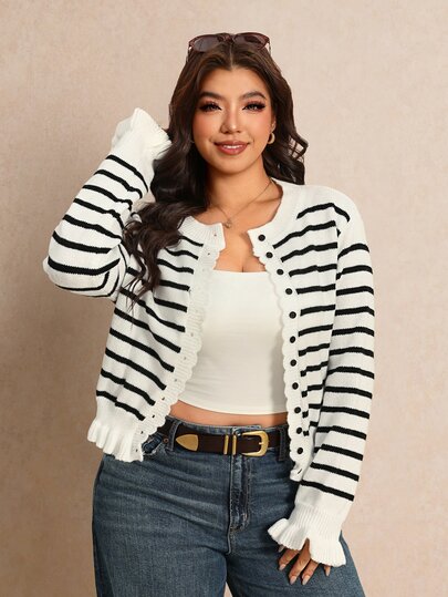 Elaquor Plus Size Women's Striped Colorblock Casual Daily Cardigan