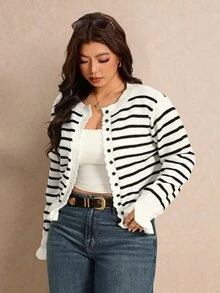 Elaquor Plus Size Women's Striped Colorblock Casual Daily Cardigan - Black and White - View 4