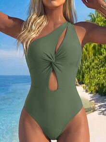 Swim Basics Traje de baño de una pieza con corte de unicolor para vacaciones - Verde - Ver 3