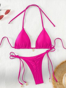 Swim Basics 女款夏季海灘度假粉色掛脖綁帶熱帶比基尼泳衣套裝 - 玫紅色 - 查看 2
