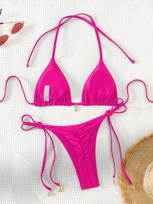 Swim Basics 女款夏季海灘度假粉色掛脖綁帶熱帶比基尼泳衣套裝 - 玫紅色 - 查看 8