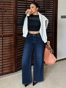 Dazy Plus Celana Jeans Denim Vintage Biru Tua Model Lurus Pas Badan, Celana Jeans Panjang Elegan dan Serbaguna - Dark Wash - View 4