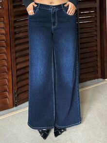 Dazy Plus Celana Jeans Denim Vintage Biru Tua Model Lurus Pas Badan, Celana Jeans Panjang Elegan dan Serbaguna - Dark Wash - View 8