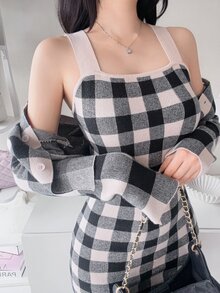 FRIFUL Women's Autumn Plaid Inner Pocket Short Tank Dress & Sweater 2pcs Set - Black - View 6