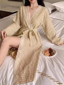 DAZY Summer Autumn Loose Lace Patchwork Plaid Long Women's Nightgown - Apricot - View 3