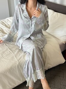 DAZY Women's Fashion Lace Patchwork Button Top And Long Pants Pajama Set - Green - View 1