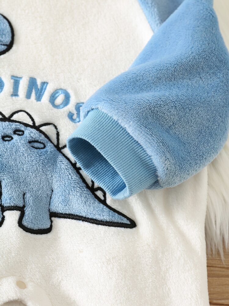 SHEIN Unisex Newborn Baby Boy/Girl, Toddler Autumn/Winter Thermal Lined Thickened Colorblock Patchwork Cute Dinosaur Applique Embroidered Hooded Romper, Baby Winter Jumpsuit, Christmas - Blue - View 6