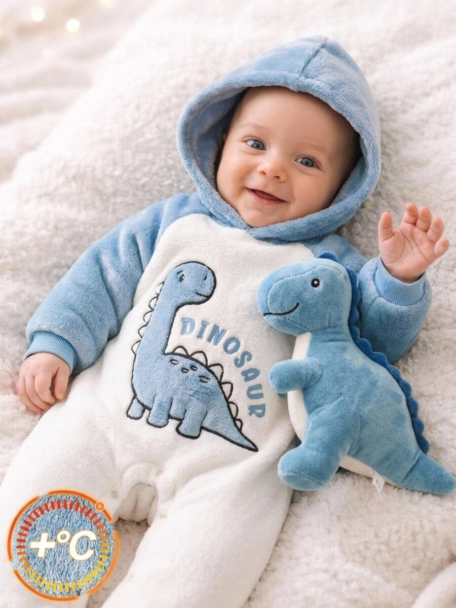 SHEIN 男女嬰兒/幼兒秋冬保暖加厚配色拼接可愛恐龍貼布繡連帽連身衣，嬰兒冬季連身衣，聖誕
