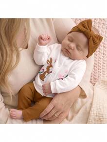 SHEIN Newborn Baby Floral Print Long Sleeve Winter Top And Pants Casual Daily Set - Khaki - View 4
