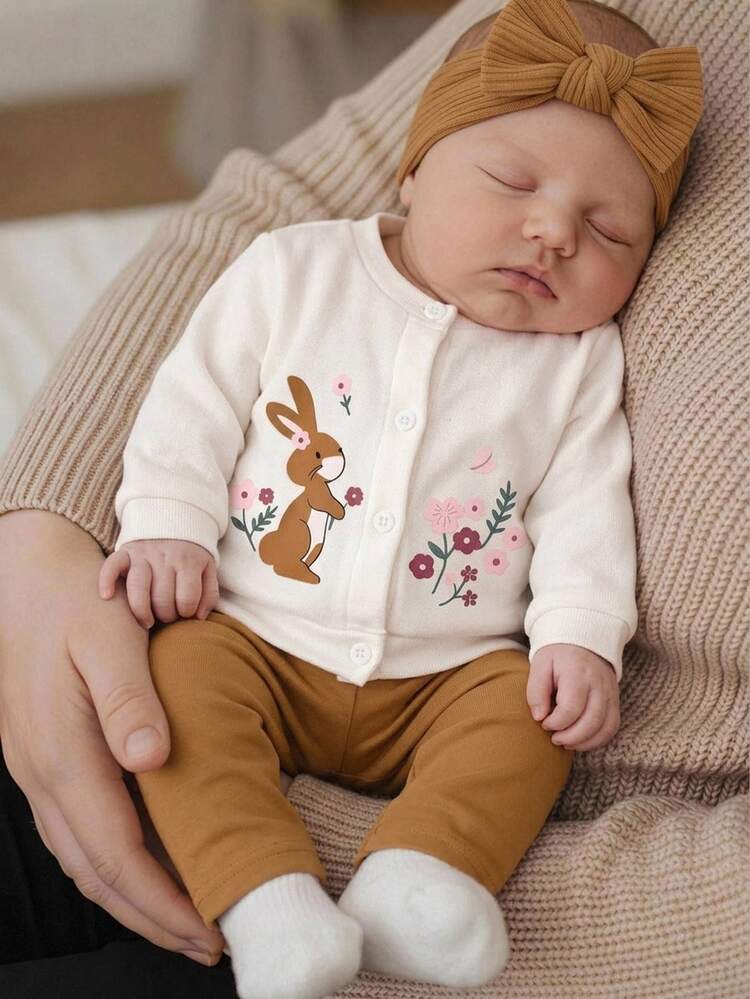 SHEIN Newborn Baby Floral Print Long Sleeve Winter Top And Pants Casual Daily Set - Khaki - View 1