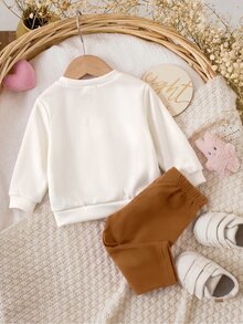 SHEIN Newborn Baby Floral Print Long Sleeve Winter Top And Pants Casual Daily Set - Khaki - View 8