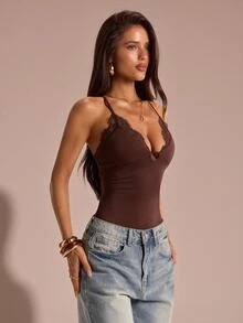 SHEIN BAE Fall Brown Lace Trim Deep V Neck Backless Cross Strap Sexy Slim Fit Cami Bodysuit Halloween Party Date Night Going Out - Brown - View 5