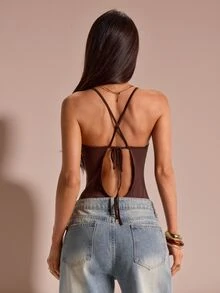 SHEIN BAE Fall Brown Lace Trim Deep V Neck Backless Cross Strap Sexy Slim Fit Cami Bodysuit Halloween Party Date Night Going Out - Brown - View 7