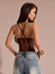 SHEIN BAE Fall Brown Lace Trim Deep V Neck Backless Cross Strap Sexy Slim Fit Cami Bodysuit Halloween Party Date Night Going Out - Brown - View 2