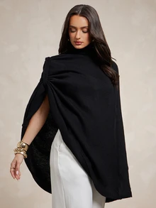 Silquee This Women's Black High-Neck Knit Top Features A Shawl-Style Design; Warm And Vintage-Inspired, It Offers Simple Elegance Suitable For Both The Workpl - Black - View 7