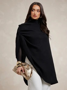 Silquee This Women's Black High-Neck Knit Top Features A Shawl-Style Design; Warm And Vintage-Inspired, It Offers Simple Elegance Suitable For Both The Workpl - Black - View 4