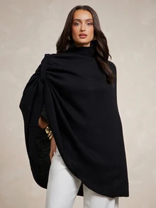 Silquee This Women's Black High-Neck Knit Top Features A Shawl-Style Design; Warm And Vintage-Inspired, It Offers Simple Elegance Suitable For Both The Workpl - Black - View 9
