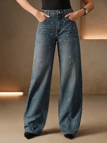 Anewsta Jeans de pierna recta hechos a mano con adornos de strass pesados - Azul - Ver 4