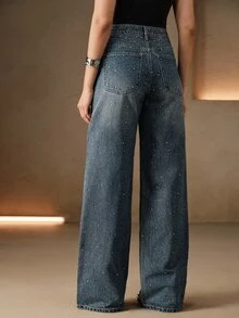 Anewsta Jeans de pierna recta hechos a mano con adornos de strass pesados - Azul - Ver 8