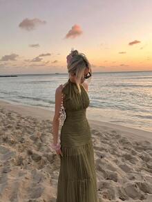 Skyraze Women's Solid Color Pleated Casual Romantic Elegant Party Party Night Date Cocktail Dress Olive Green Summer - Army Green - View 1