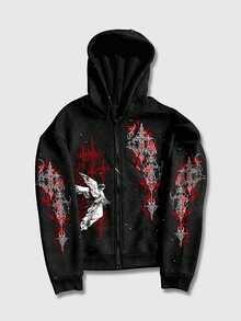 ROMWE MEN Men's Angel Print Long Sleeve Zip-Up Hoodie With Drawstring - Black - View 1