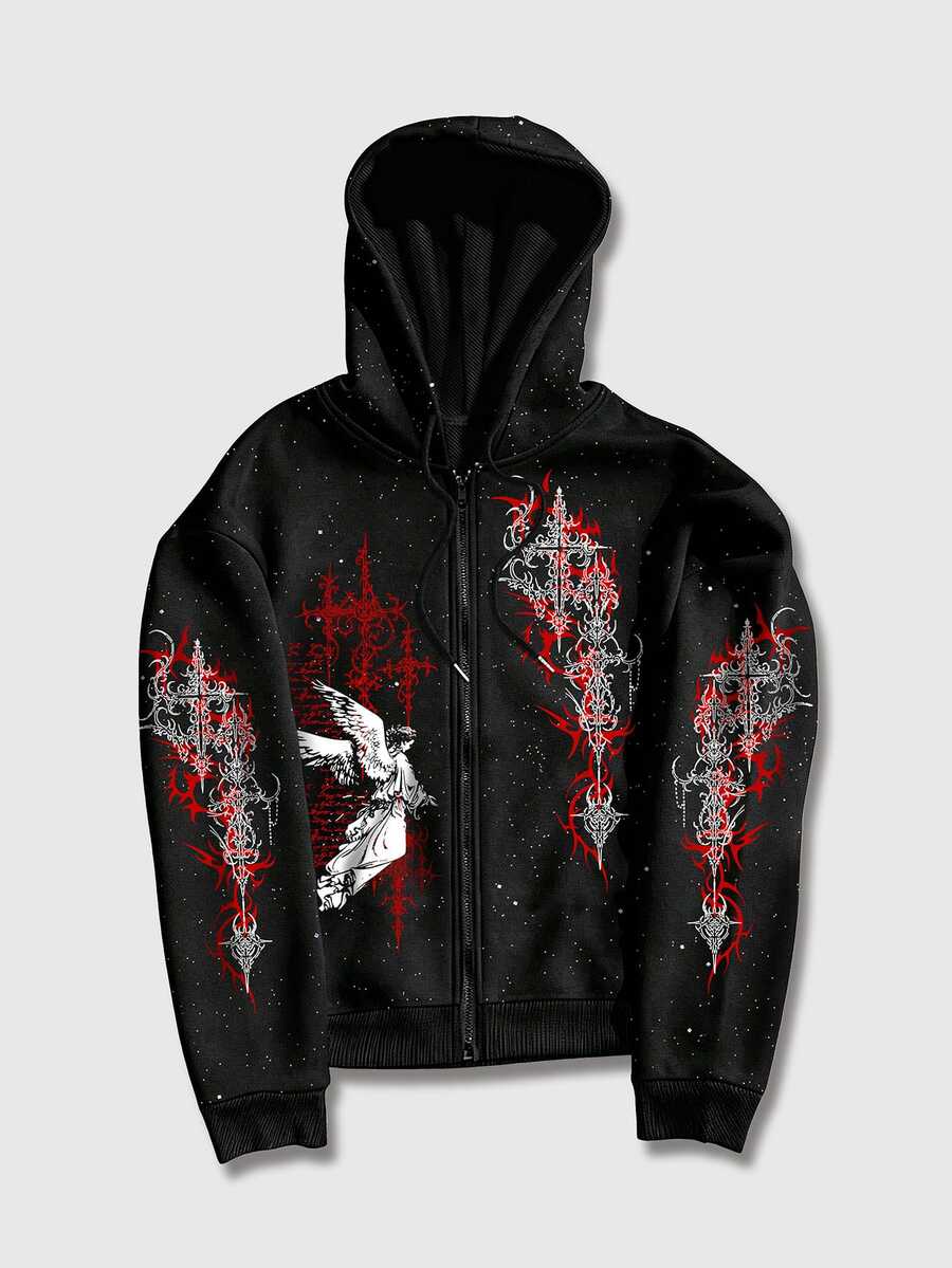 ROMWE MEN Men's Angel Print Long Sleeve Zip-Up Hoodie With Drawstring - Black - View 1