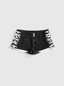 ROMWE Y2K Avant-Garde Sexy Tight Side Lace-Up Super Short Denim Shorts For Plus Size Women - Black - View 2