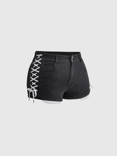 Y2K Avant-Garde Sexy Tight Side Lace-Up Super Short Denim Shorts For Plus Size Women