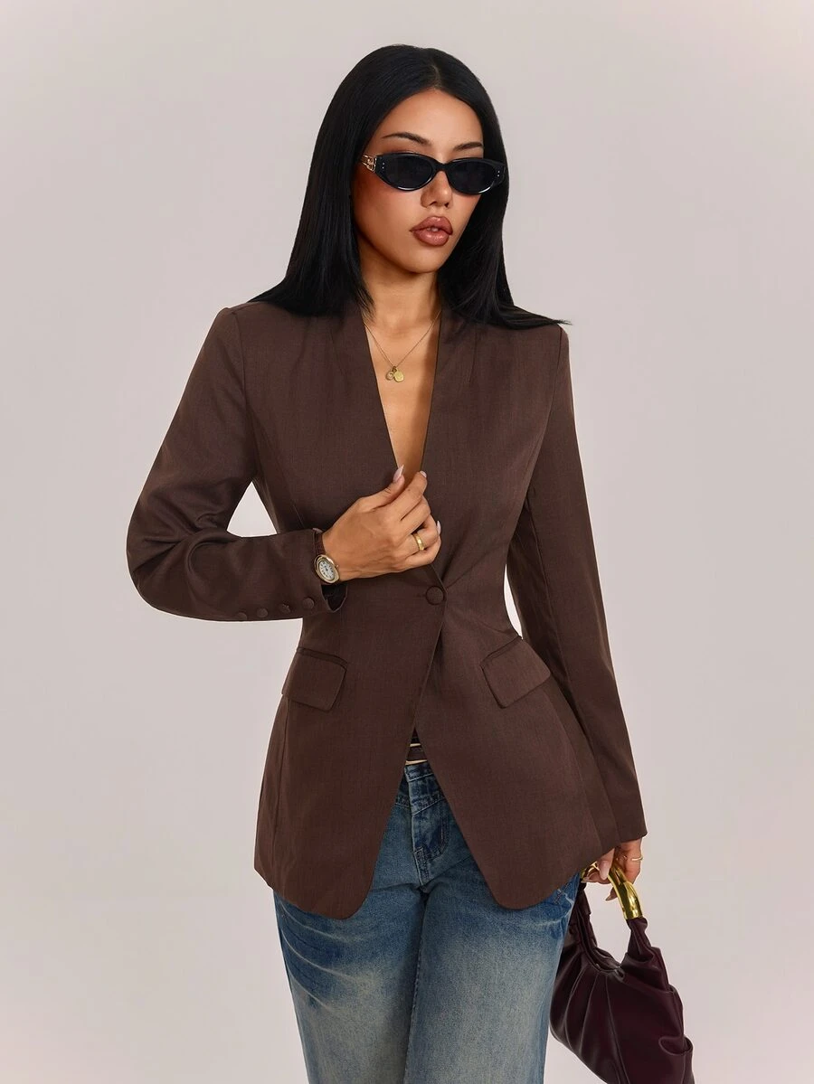 SHEIN PETITE Stylish Brown Blazer For Petite Women-Suitable For Commuting And Business Settings. - Brown - View 1